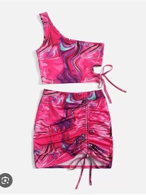 3/$30 One shoulder bodycon marble pink outfit set. Ruched with cut outs